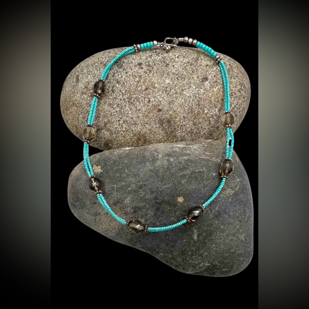 Sterling Silver Smoky Quartz Turquoise Color Beads Beaded Choker Necklace